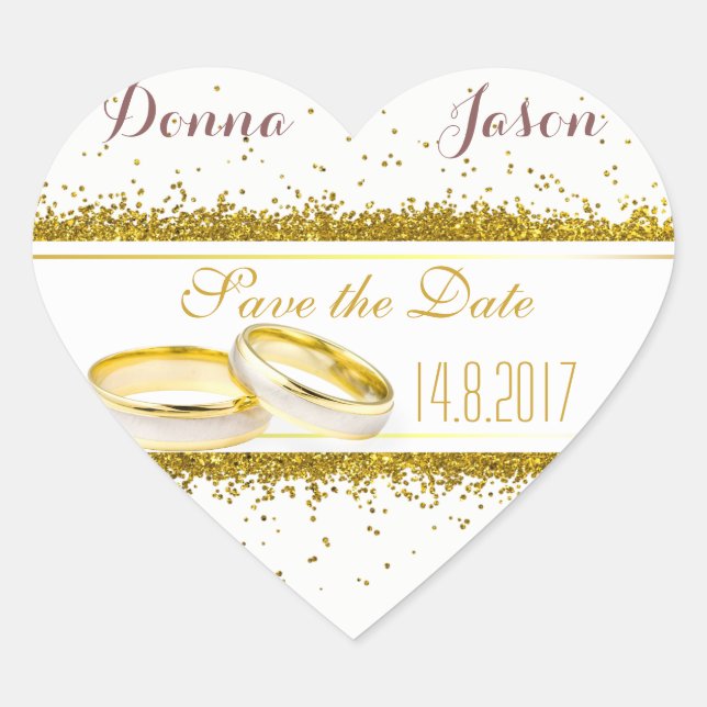 Sticker Cœur Enregistrer la date Gold Parties scintillant Bague (Devant)