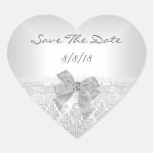 Sticker Cœur Enregistrer la date Mariage Damask Blanc Argent Bo