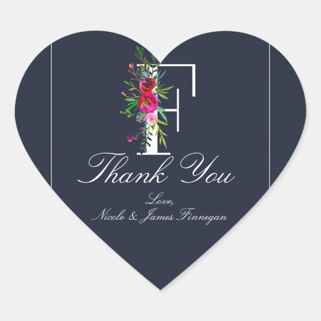 Sticker Cœur F Monogramme Dernier initial bleu Floral Mariage (Devant)