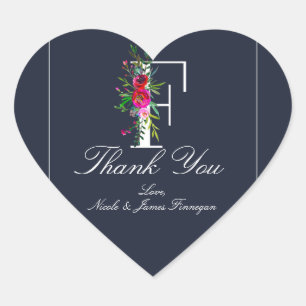 Sticker Cœur F Monogramme Dernière Initiale Moderne Fleurs Bleu