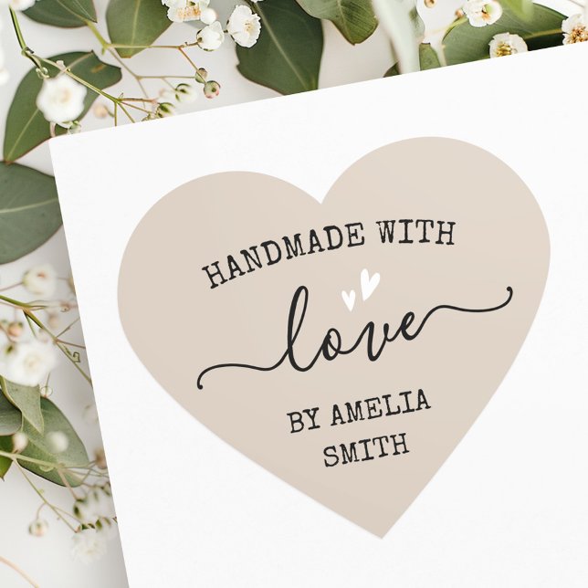 Sticker Cœur Fabriqué à la main avec le coeur d'amour nom clair (Handmade with love hearts name light mocha brown heart sticker)