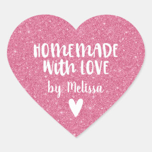 Sticker Cœur Fait Maison Avec Amour Paillettes Roses