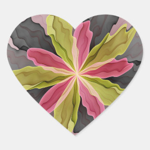 Sticker Cœur Fantaisie de fleurs fractales d'anthracite vert ro