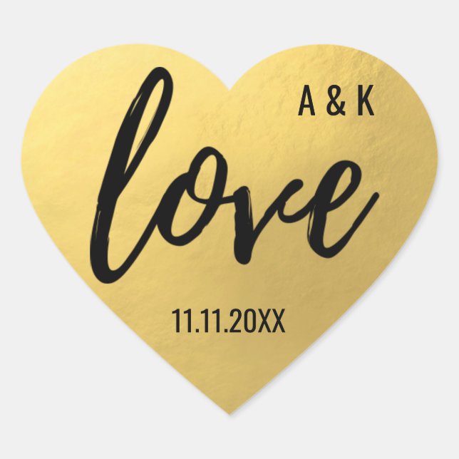 Sticker Cœur Faux Gold Foil LOVE Script Mariage noir (Devant)