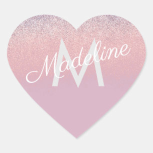 Sticker Cœur Faux rose et violet pailleté Monogrammé