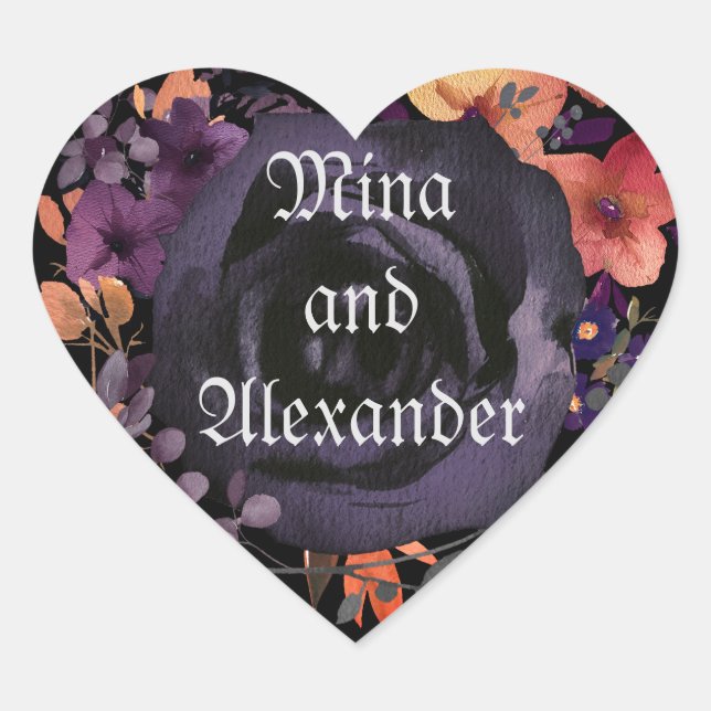 Sticker Cœur Faveur de mariage Fleur de Rose Noire sacrée (Devant)