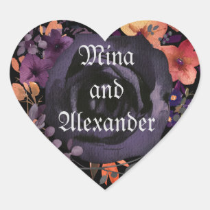 Sticker Cœur Faveur de mariage Fleurale Rose Noir