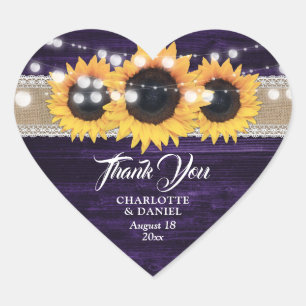 Sticker Cœur Favor de mariage Tournesol Dentelle Toile de Jute