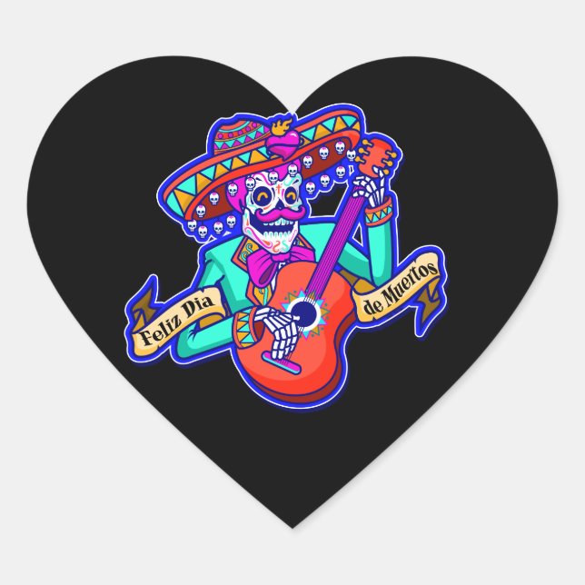 Sticker Cœur Feliz Dia De Muertos avec Squelette Jouer de la gu (Devant)