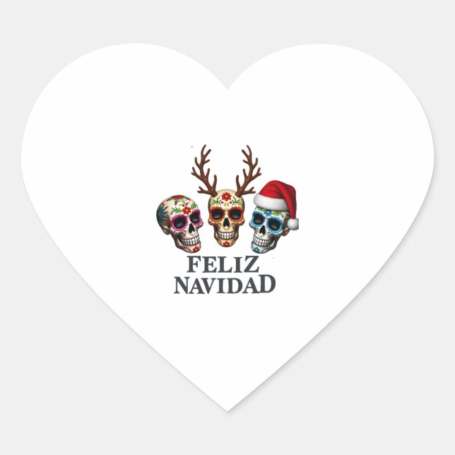 Sticker Cœur Feliz Navidad Sugar Skulls Reindeer Santa Mexican  (Devant)