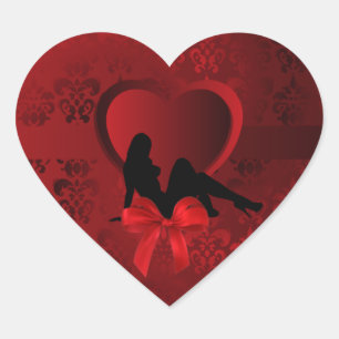 Sticker Cœur Femme romantique sur damassé rouge