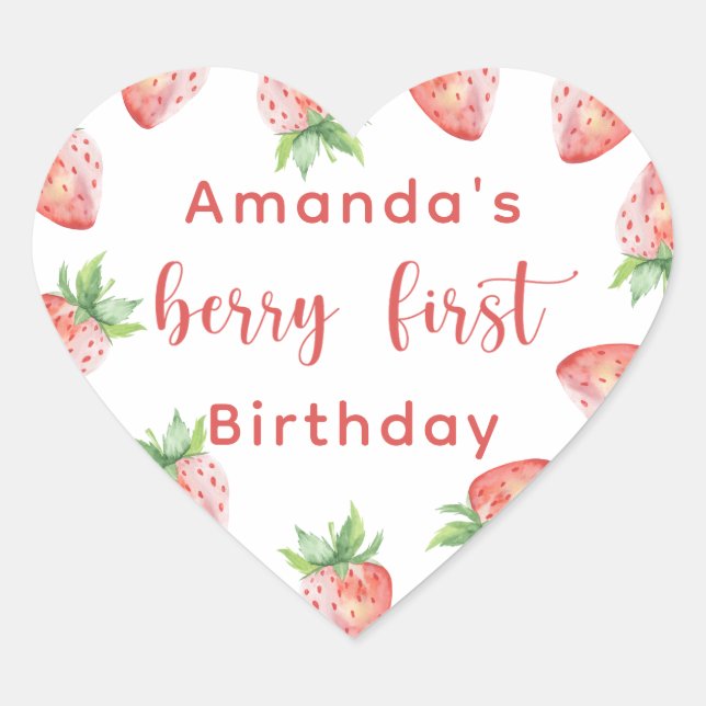 Sticker Cœur Fête d'anniversaire avec des fraises à l'aquarelle (Devant)