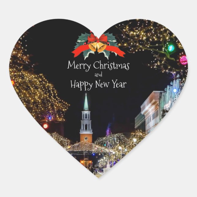 Sticker Cœur Fête de Noël, lumières vives et baubles (Devant)