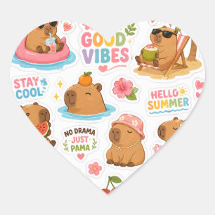 Sticker Cœur Feuille d'autocollants Cute Capybara Summer Vibes 