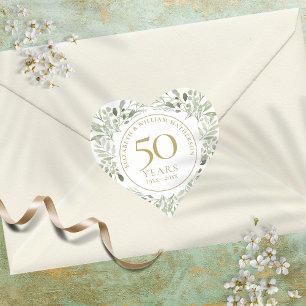Sticker Cœur Feuilles Aquarelle Douce 50e Anniversaire