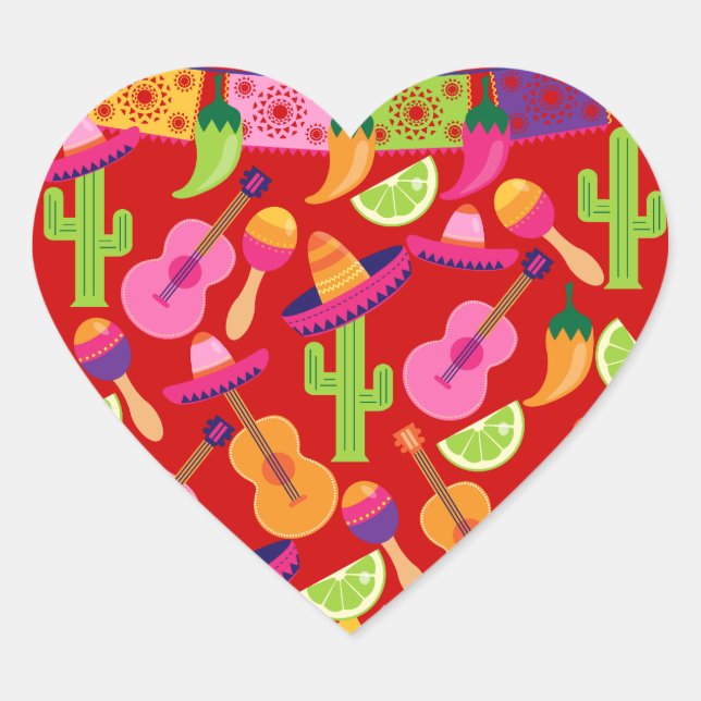 Sticker Cœur Fiesta Party Sombrero Limes Guitare Maraca Saguaro (Devant)