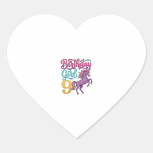 Sticker Cœur Fille d'anniversaire 9 Licorne Dessin de gravure v
