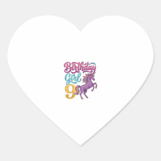 Sticker Cœur Fille d'anniversaire 9 Licorne Dessin de gravure v