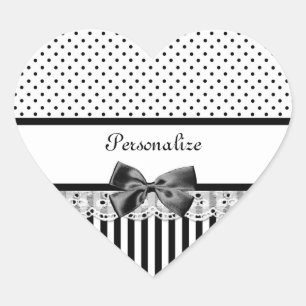 Sticker Cœur Fille Noir et Blanc Victorian Stripes Avec Nom