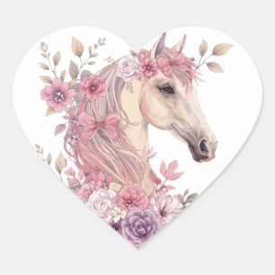 Sticker Cœur Filles Jolis Poneys Floral Pastel Cheval