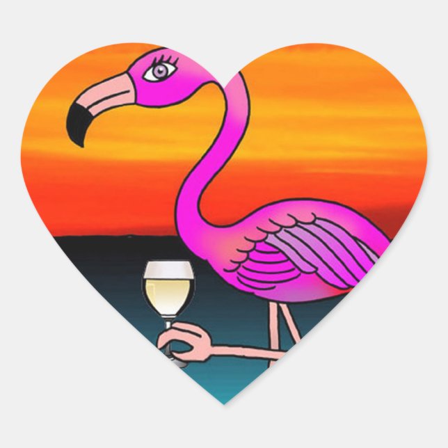 Sticker Cœur Flamant rose buvant du vin rose (Devant)
