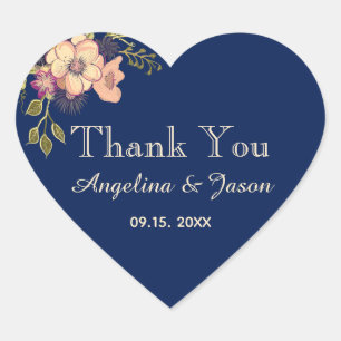 Sticker Cœur Fleur Bleu Marine Mariage Remerciement Cadeau
