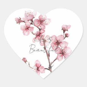 Sticker Cœur Fleur de cerise rose blanche