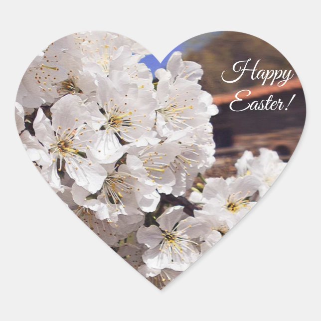 Sticker Cœur Fleur de cerisier. Joyeux Pâques. (Devant)