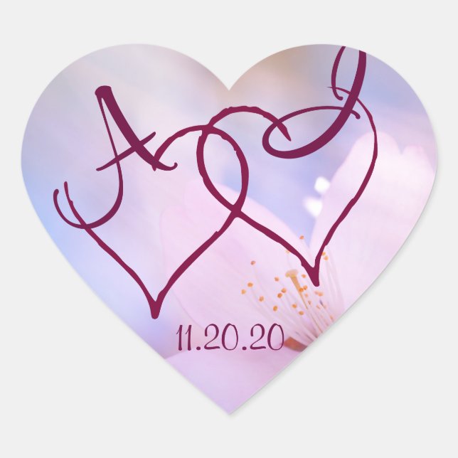 Sticker Cœur Fleur de cerisier rose et deux coeurs personnalisa (Devant)