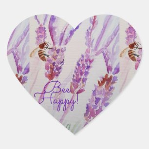 Sticker Cœur Fleur de Lavande Abeille Heureuse Aquarelle