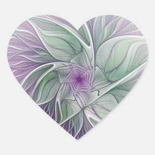 Sticker Cœur Fleur de rêve, art fractal abstrait violet vert