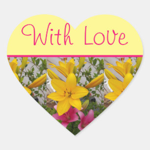Sticker Cœur Fleur Lily Rouge Fleuri Jaune Avec Amour