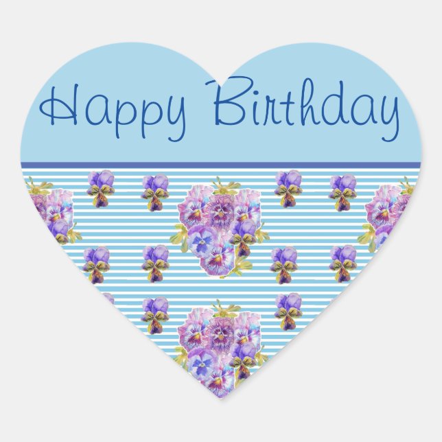 Sticker Cœur Fleur Pansy Bleu Bleu Bande florale Joyeux anniver (Devant)