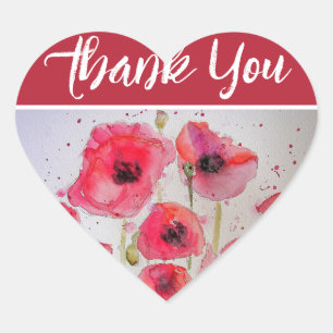Sticker Cœur Fleur Poppies de pavot rouge Merci d'aquarelle