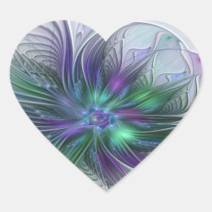 Sticker Cœur Fleur verte abstraite moderne fractale violette