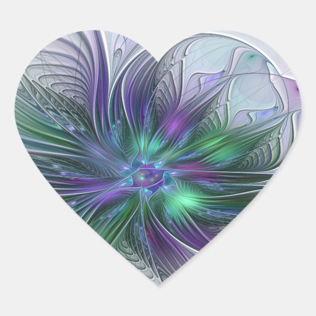 Sticker Cœur Fleur verte abstraite moderne fractale violette (Devant)