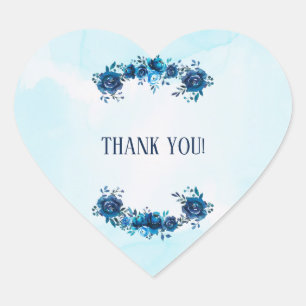 Sticker Cœur Fleurs Aquarelle Bleu Indigo Mariage Floral