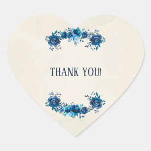 Sticker Cœur Fleurs aquarelles bleues indigo et beige pour mari