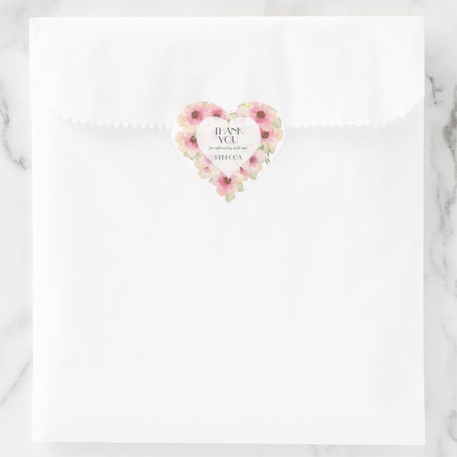 Sticker Cœur Fleurs Aquarelles Rose Pâle Merci Cadeau (Sac)