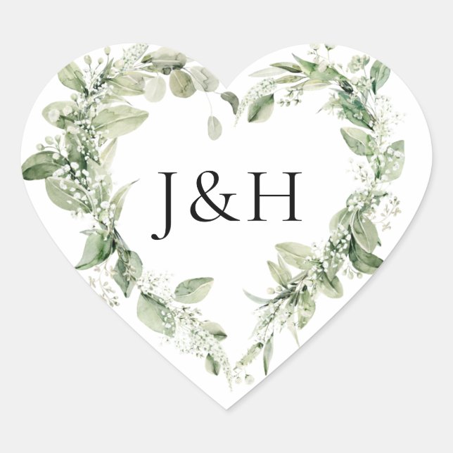 Sticker Cœur Fleurs blanches vertes et Mariage de monogramme ve (Devant)