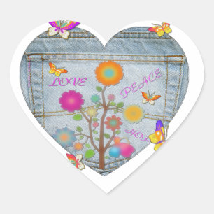 Sticker Cœur Fleurs de papillons en cœur de poche en denim