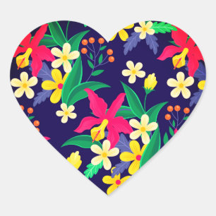 Sticker Cœur Fleurs Exotiques Colorées Motif Feuilles-23021