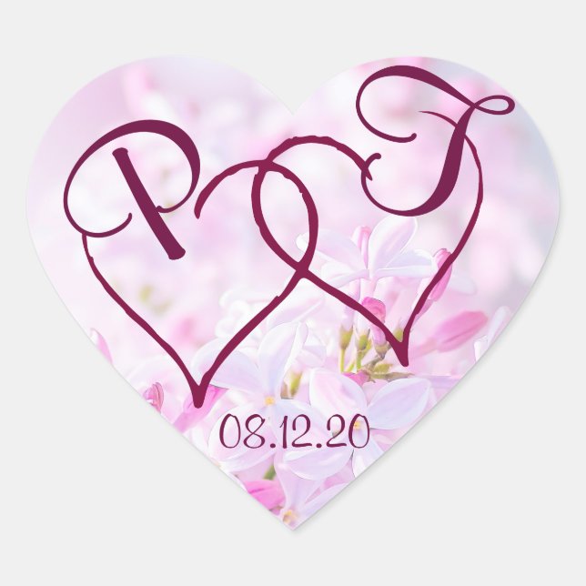 Sticker Cœur Fleurs lilas roses et Deux coeurs personnalisables (Devant)