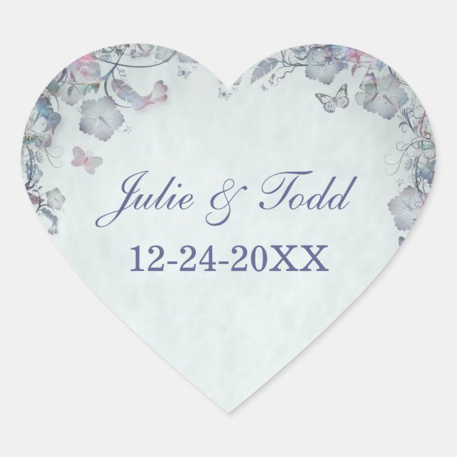 Sticker Cœur Fleurs & Mariage de papillon Enregistrer la date (Devant)