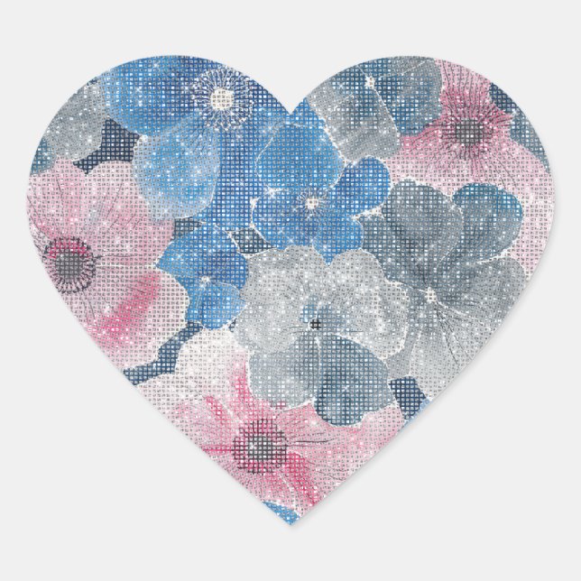Sticker Cœur Fleurs roses bleues scintillent (Devant)