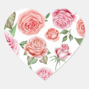 Sticker Cœur Fleurs roses corail pêche feuillage feuilles cadea