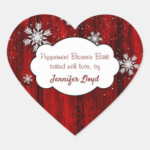 Sticker Cœur Flocons de Noël Rouge Bois Rustique