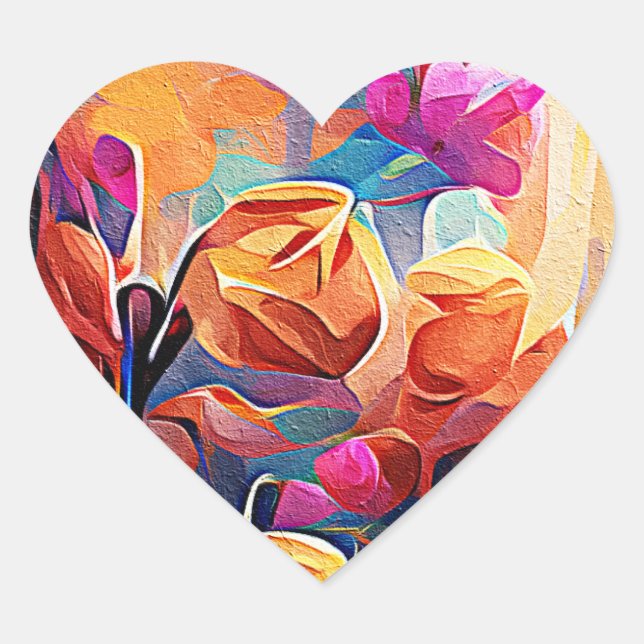 Sticker Cœur Floral Abstract Art Orange Red Blue Flowers (Devant)