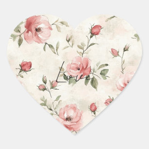 Sticker Cœur Floral de roses roses blanches ivoire