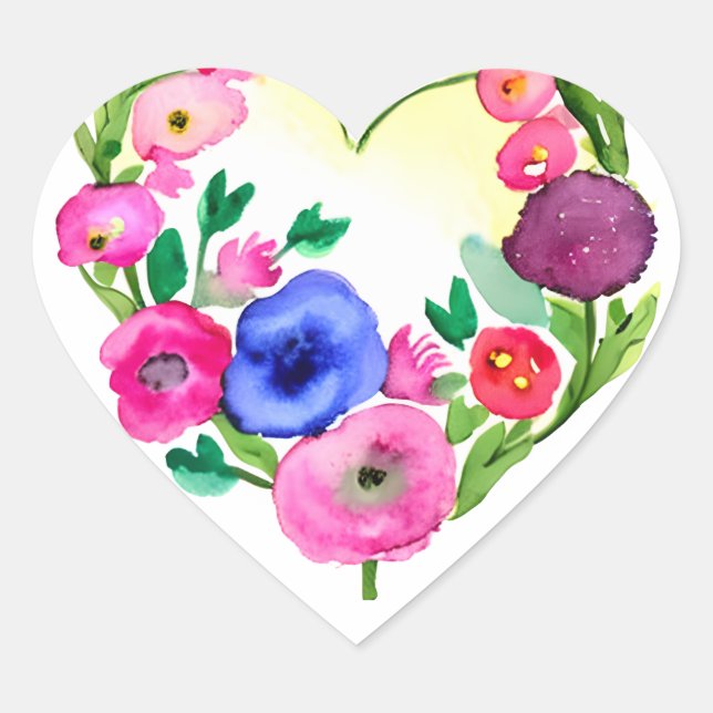Sticker Cœur Floral Heart Wreath Pastel Aquarelle violet bleu (Devant)